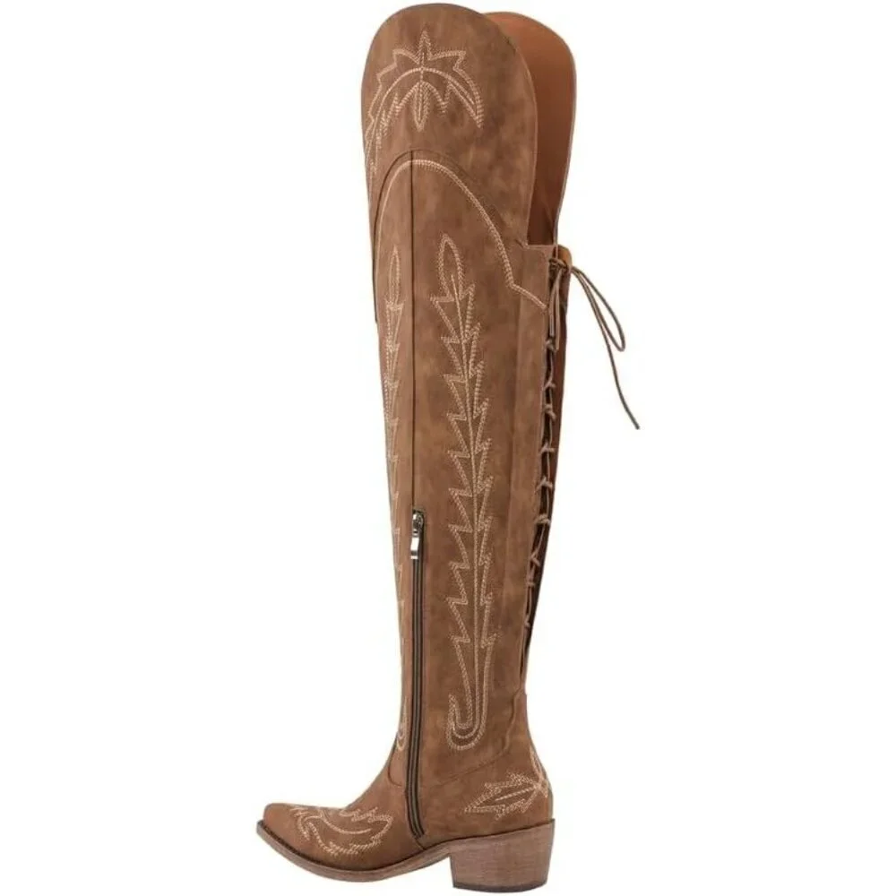 Women Brown Synthetic Cowgirl Thigh High Wide Calf Embroidered Western Boots
